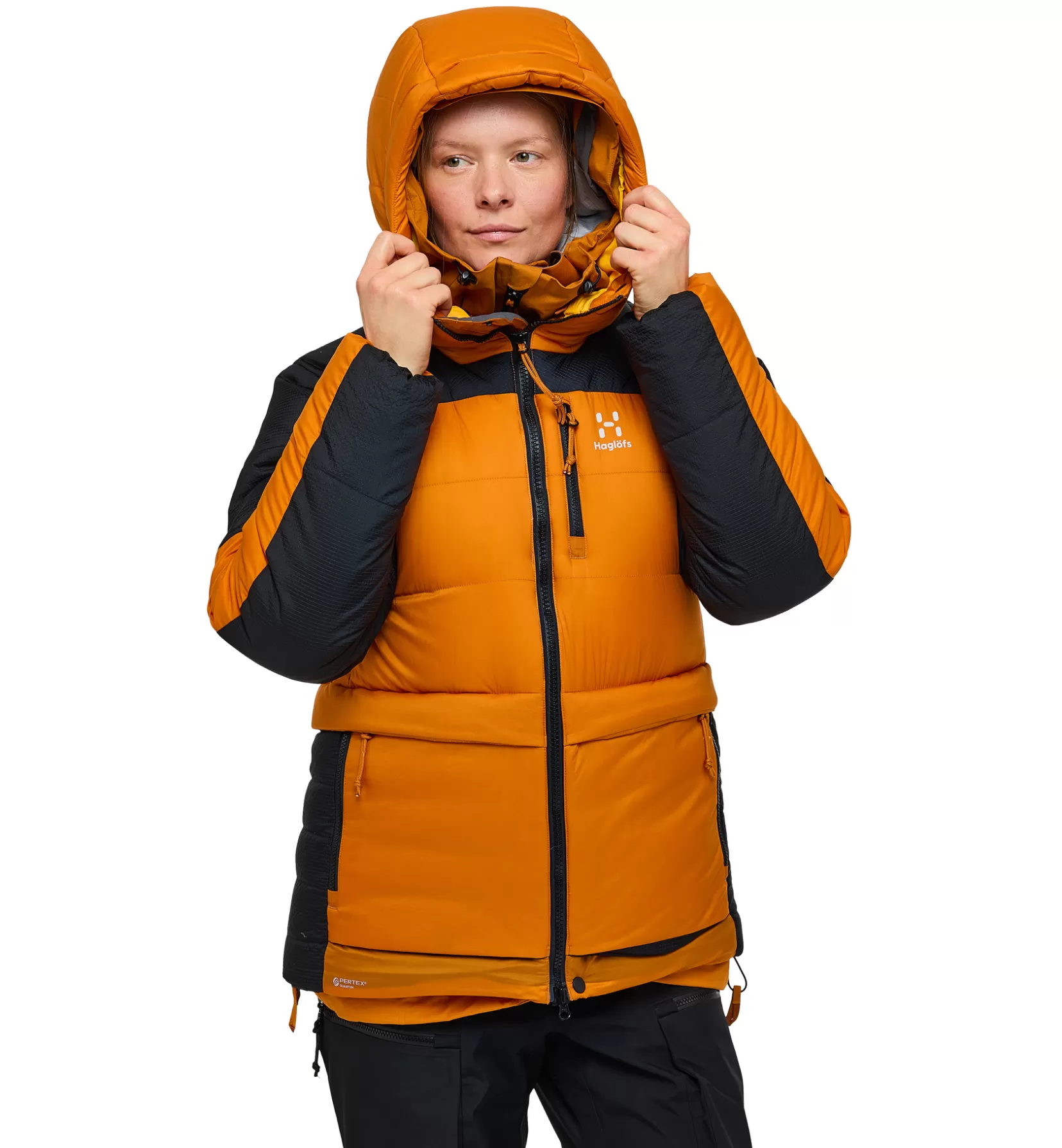 Shop Haglöfs Riksgränsen Down 850 Hood Women Desert yellow/True black